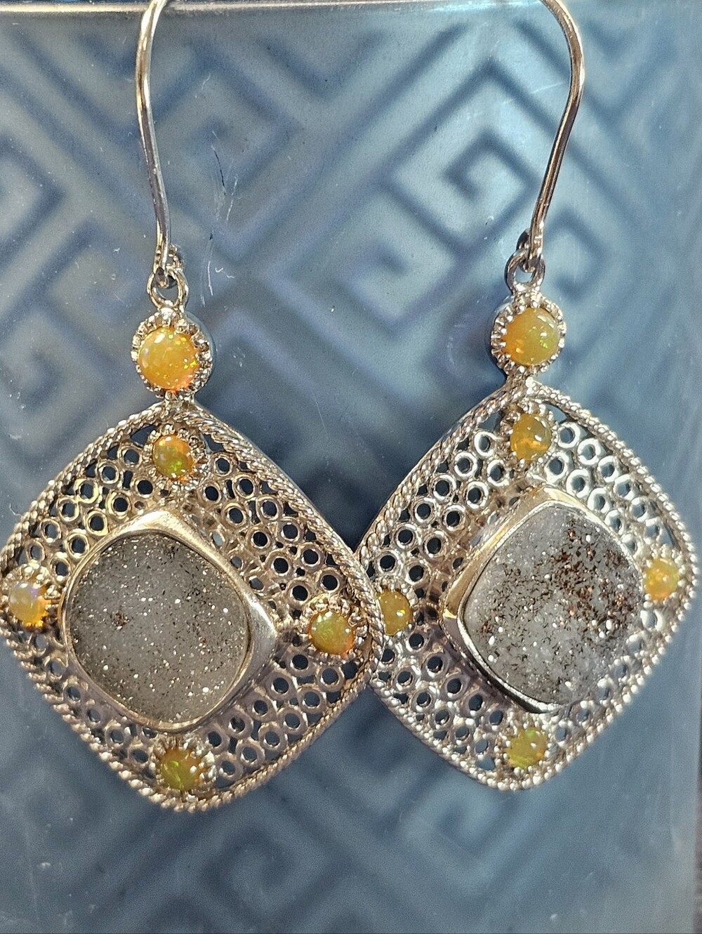 Druzy And Fire Opal 925 Silver Filigree Drop Earrings